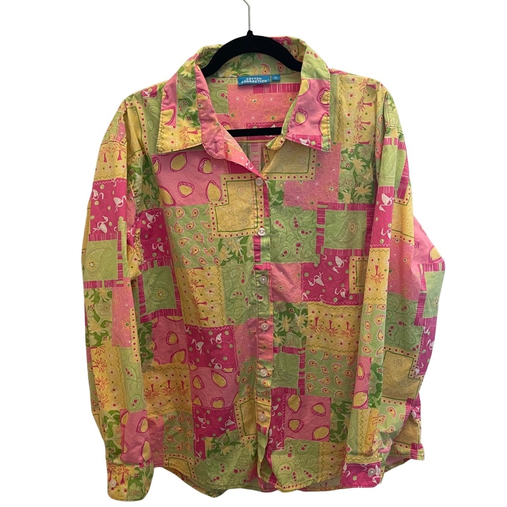 Cotton Connection Womens XL Patchwork‎ Floral Paisley Button Down Shirt Pink